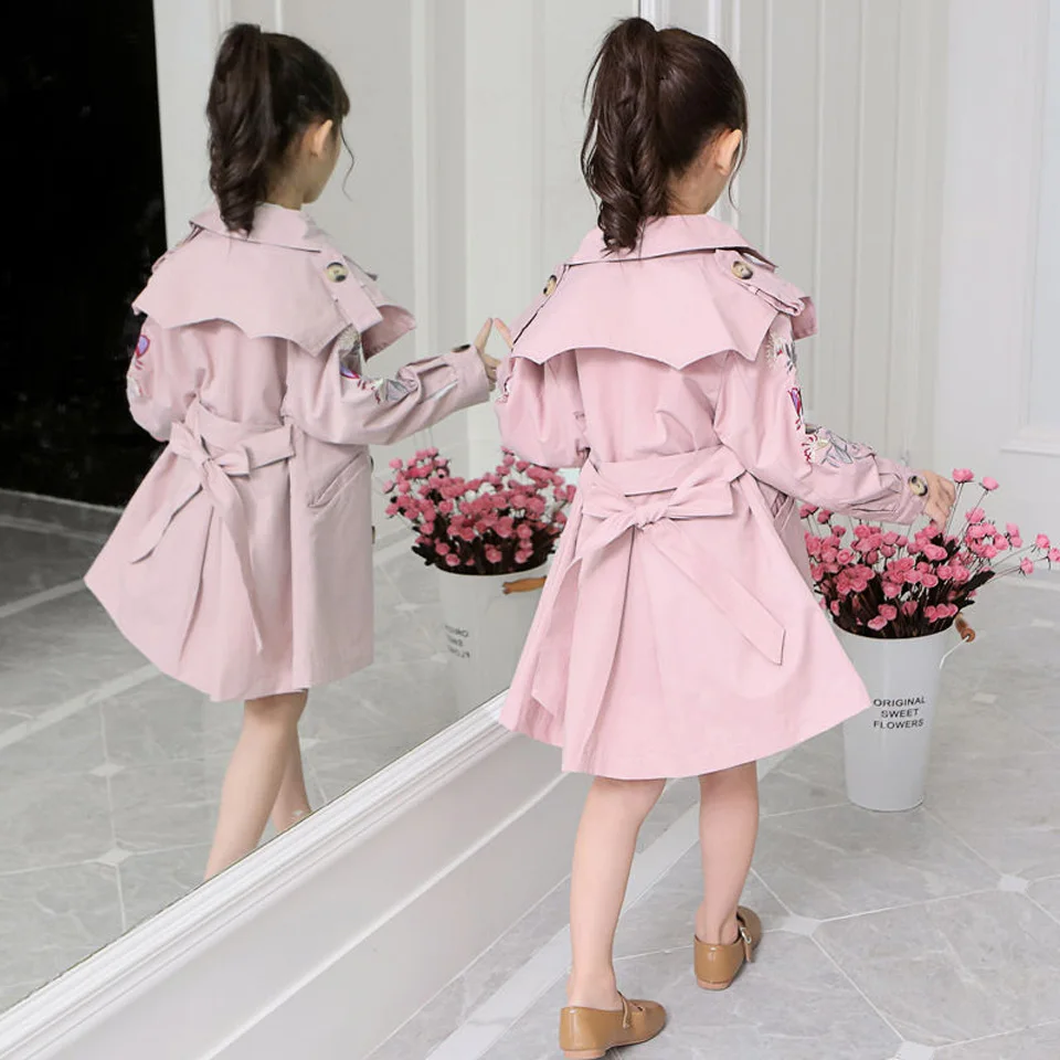 ; Тренч с поясом для девочек; Новинка года; сезон весна-осень; пальто с капюшоном и вышивкой; Верхняя одежда для детей