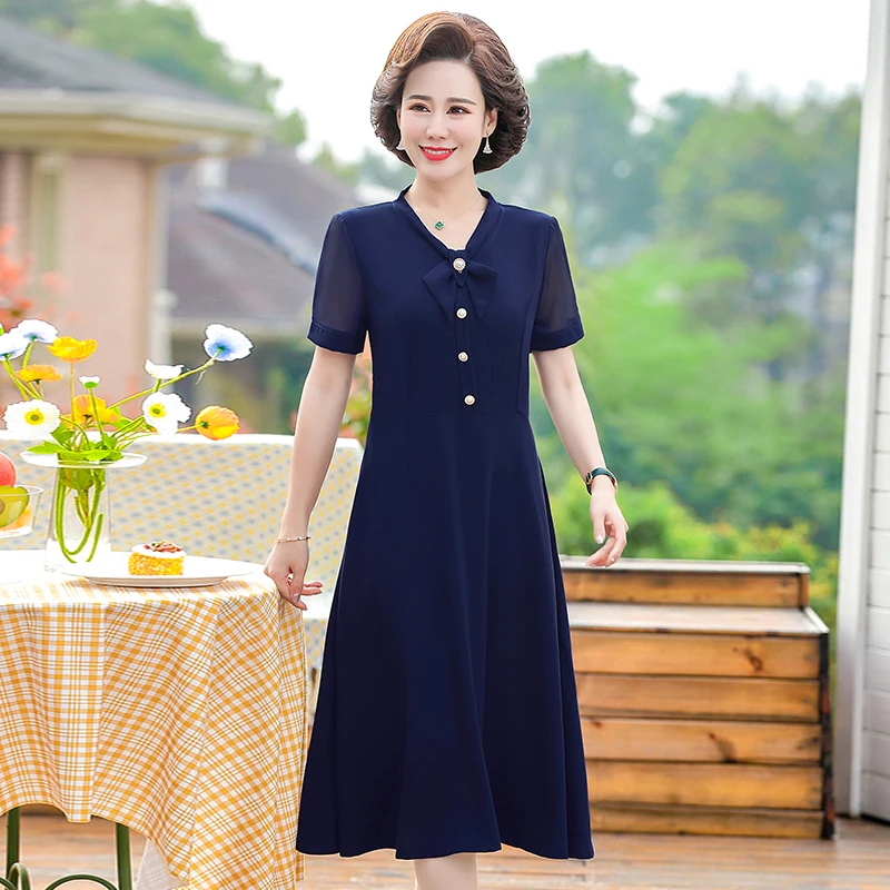 

Women Dress New Summer Bow Short Sleeves Vintage Dresses Middle-aged Women's Mom Dresses Female