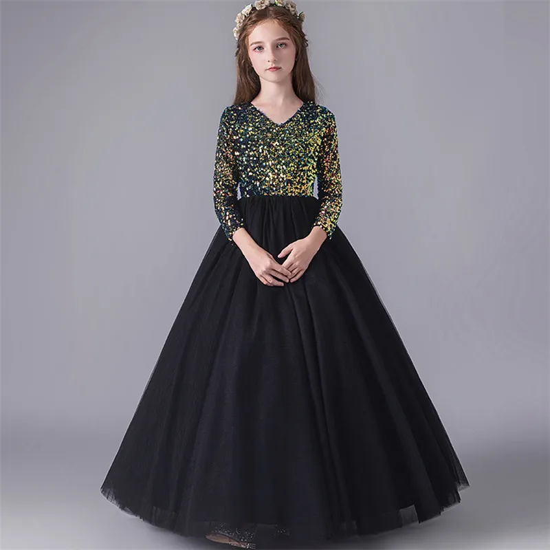

2019Autumn Winter Luxury Girls Sequined Design Evening Party Princess Mesh Prom Dress Children Kids Host Piano Costumes Dresses