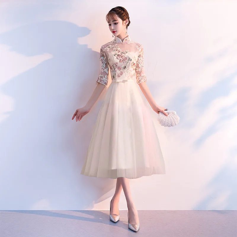 Champange вечернее платье для молодой леди вышивка цветок Qipao для женщин Cheongsam воротник Мандарин перспективное Сетчатое платье