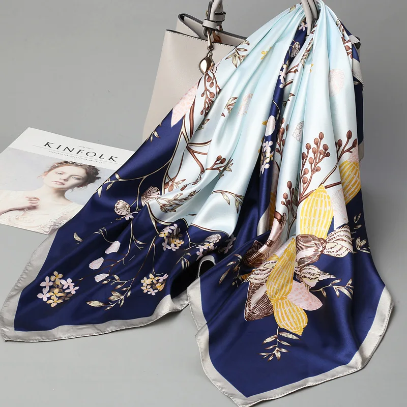  90*90cm Women Scarves Oversize Handkerchief Luxury Brand Trendy Chinese Satin Silk Square Scarf Sha