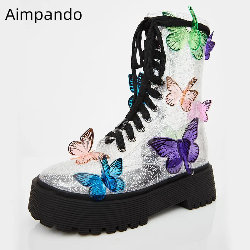 Ботинки с бабочками; женская прогулочная обувь из прозрачной искусственной кожи, украшенная разноцветными бабочками; ботинки на толстой подошве с круглым носком и перекрестной шнуровкой; Botas