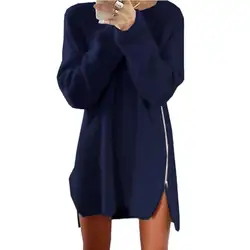 Модное женское осеннее вязаное платье-свитер на молнии с длинным рукавом, свободное платье-туника HO931626