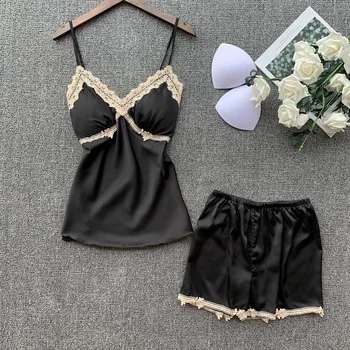 

Wmyqdlq Spring And Summer New Sexy Suspenders Shorts Pajamas Two-Piece Princess Style Lace Sexy Backless Silk