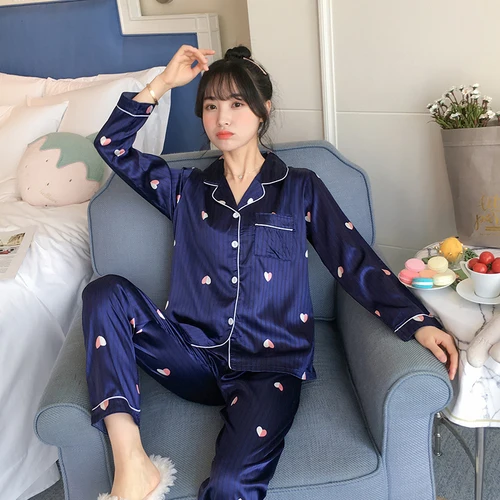 Осенний пижамный комплект из искусственного шелка, кардиган, пижама с длинными рукавами, Женская домашняя одежда для отдыха, пижамы для женщин, 2 штуки, милая одежда для сна - Цвет: C Q 8804