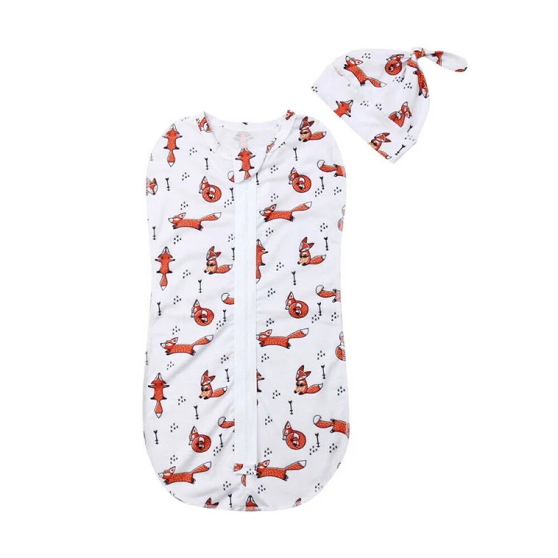 

2019 Newborn Baby Cute Zipper Swaddle Blanket Sleeping Bag Kids Infant Swaddle Bedding Muslin 100% Cotton Wrap+Hat 2PCS Clothes