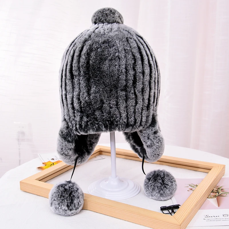 

Knitted Rex Rabbit Fur Bomber Hats Women Winter Fashion Fur Caps with Ear Protector Real Fur Hats