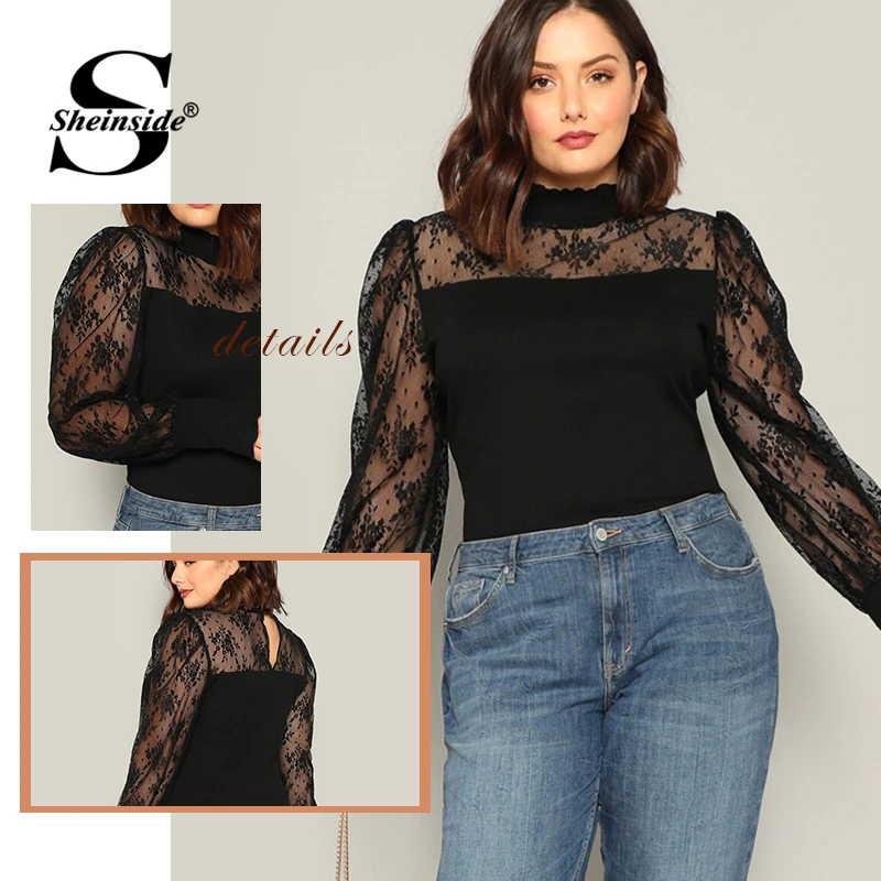 Sheinside, плюс размер, повседневная, контрастная, Цветочная, кружевная футболка для женщин, осень, эластичная, с рукавом Бишоп, футболка, женские со стоячим воротником, Топ