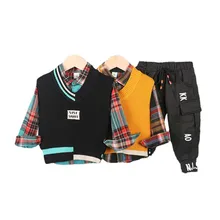 Ensemble veste et pantalon à carreaux pour enfants, vêtements de printemps et d'automne pour garçons et filles, survêtement décontracté pour bébés, 3 pièces/ensemble