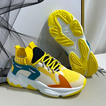 

Fashion Women Chunky Sneakers Mesh Breathable Knitting Dad Shoes Color Block Sock Cross Strap Thick Sole Platform Women Shoes