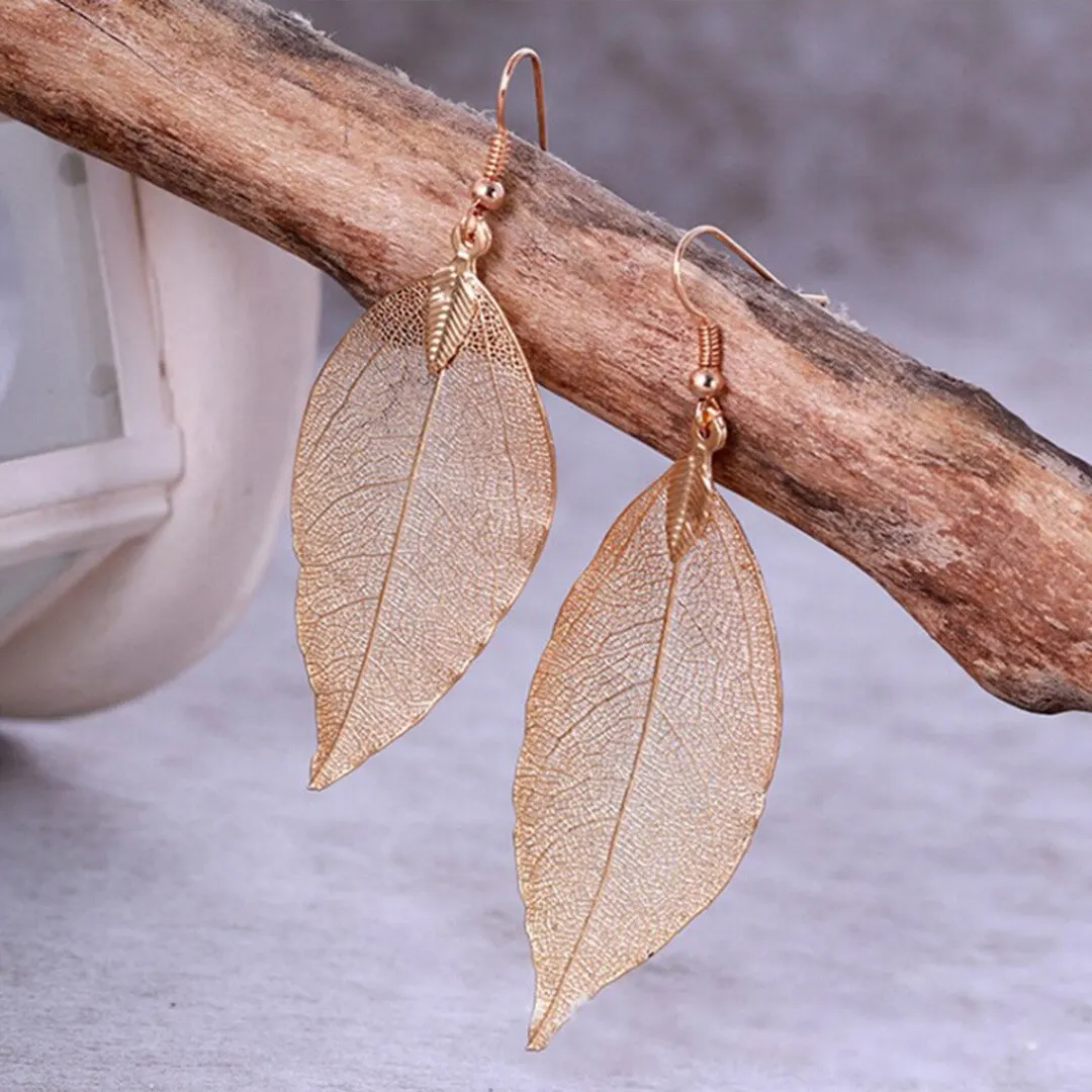 Vintage Leaves Earrings Necklaces Shellhard Long Natural Real Dipped Leaf Leaves Dangle Earring Ethic Women Jewelry 4Colors