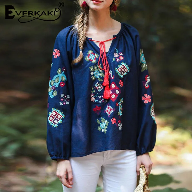 Everkaki блузка женские Топы Boho вышивка кисточки рубашки винтажные женские цыганские Блузки Топ шикарный женский Весна Осень новинка