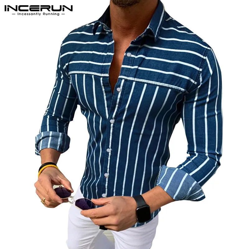 

INCERUN Autumn Fashion Men Long Sleeve Striped Shirt Casual Lapel Neck Slim Fit Business Brand Shirts Hombre Camisa Social 2019