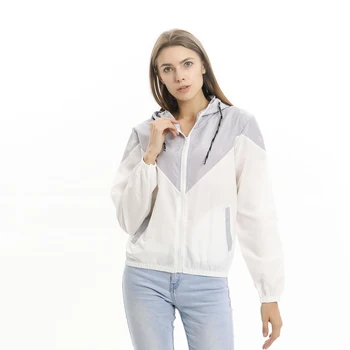 

Women Basic Jackets Female Zipper Pockets Casual Long Sleeves Coats Autumn Spring Hooded Jacket Patchwork Windbreaker Jacket