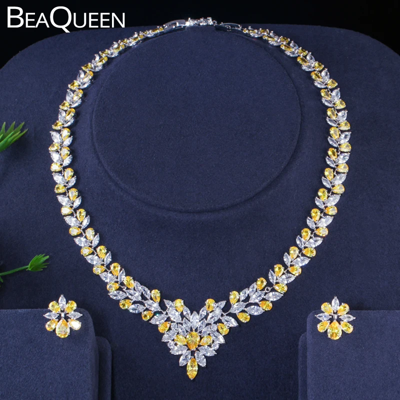 BeaQueen Нигерийский Африканский желтый и белый маркиз CZ Кристаллы ожерелье серьги