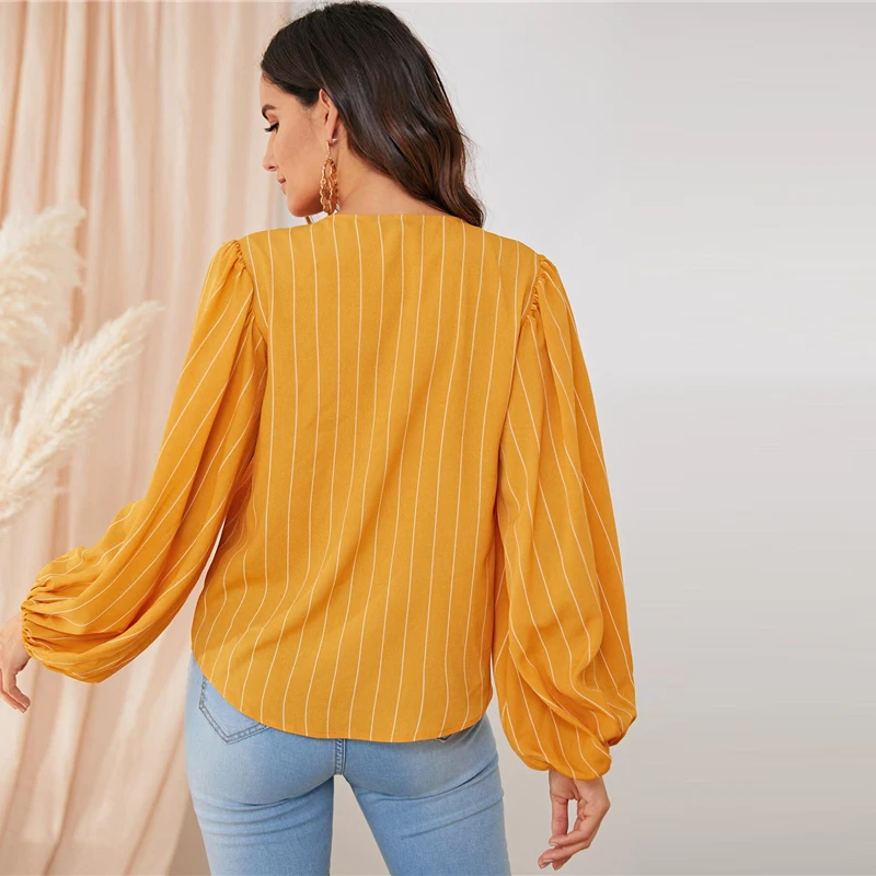 SHEIN Yellow V Neck Striped Autumn Elegant Blouse Top Women Spring Autumn Bishop Sleeve Office Ladies Basic Blouses