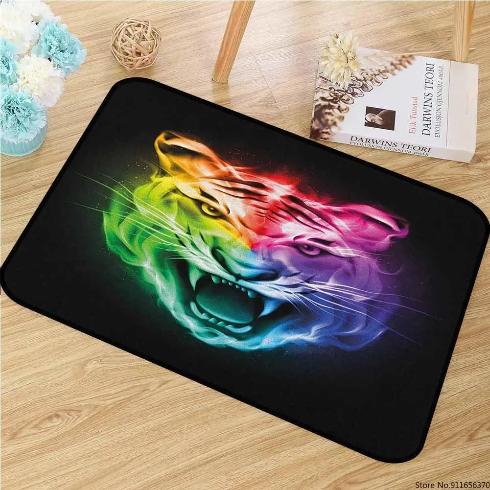 Tiger Universal Door mat Multicolored Abstract Display Large Feline Blazing Spectrum of Fire Rainbow Color Floor | Дом и сад