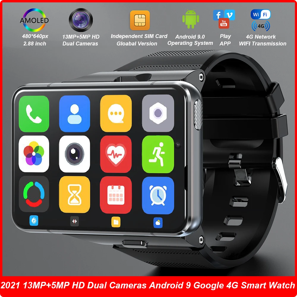 

2021 New Men Smart Watch Global Version 2.88 inch 13MP 5MP Dual Cameras MT6761 4+64GB Android 9 Heart Rate Monitor 4G Smartwatch