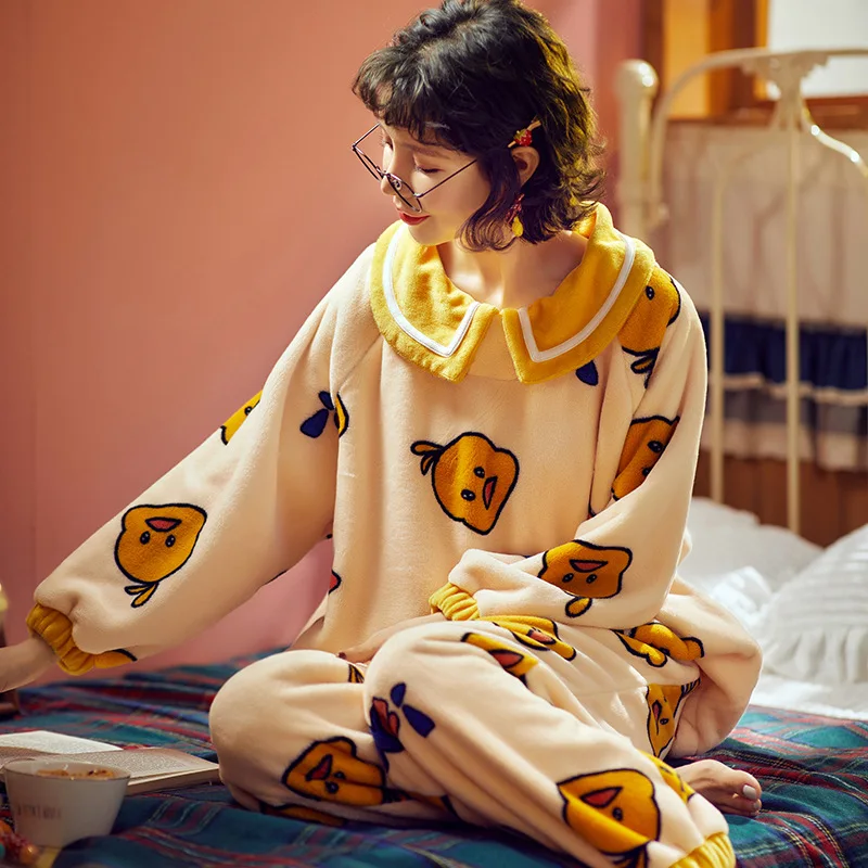 Теплые зимние пижамы для девочек из бархата кораллового цвета с отворотом и утенком; мягкая и удобная домашняя одежда с рисунком; комплект из двух предметов
