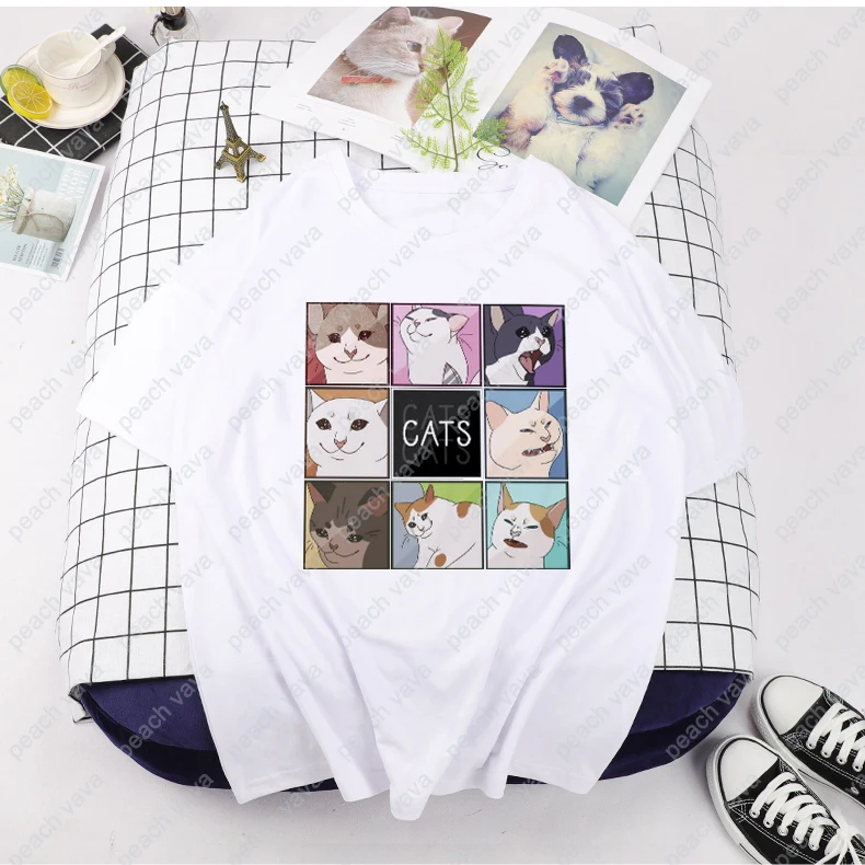 Симпатичная забавная Повседневная Свободная футболка kawaii cat Harajuku японский