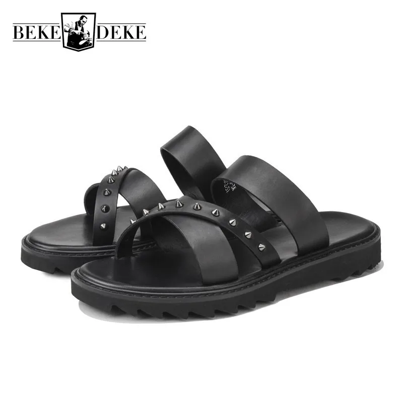 Сандалии мужские из натуральной кожи Нескользящие дышащие шлепанцы на платформе