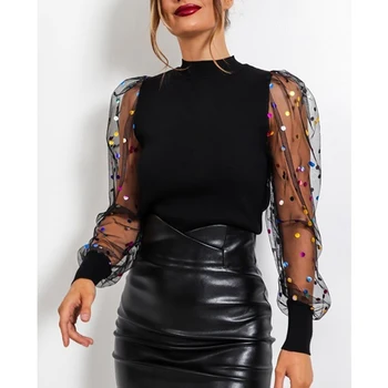 

Womens Artificial Pearl Decoration Puff Sleeve Shirts Round Collar Mesh Sleeve Shirts Solid Color Elegant Ladies Patchwork Shirt