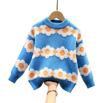 

Girls Sweaters 2020 Autumn Winter Thick Warm Kids Print Flower Knitted Pullover Outerwear Coat For Girl 110-160 Sweater Child
