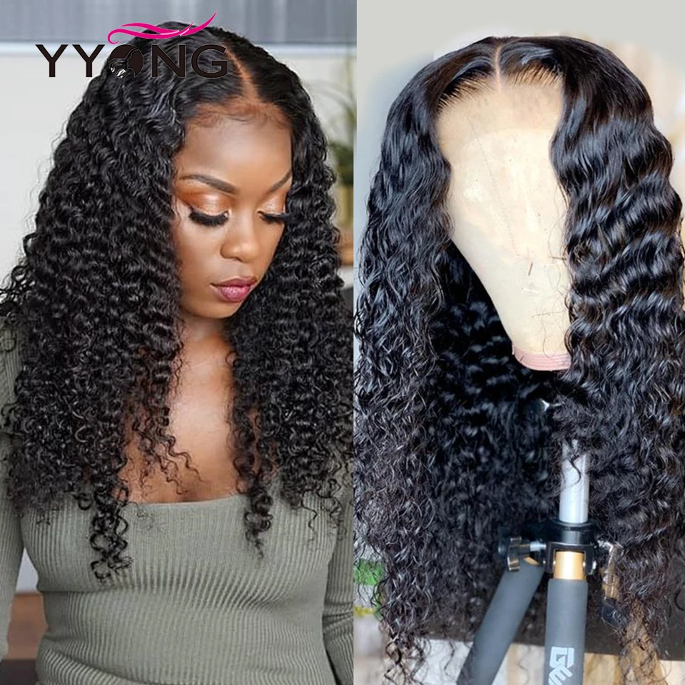 Frente do Laço Peruca de Cabelo Frontal do Laço Fechamento do Laço Yyong Polegada Humano Onda Profunda Perucas Pré Arrancadas Peruca 150 Remy 4x4 30 32 13x4 2 Apliques com cabelo humano
