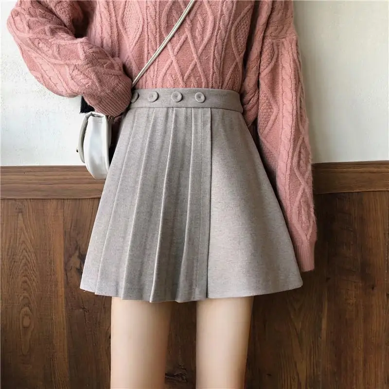 FINEWRODS Janpanese Kawaii консервативный стиль серая юбка шерстяная мини короткая плиссированная юбка Уличная Базовая Весенняя юбка с высокой талией jupe femme - Цвет: Хаки