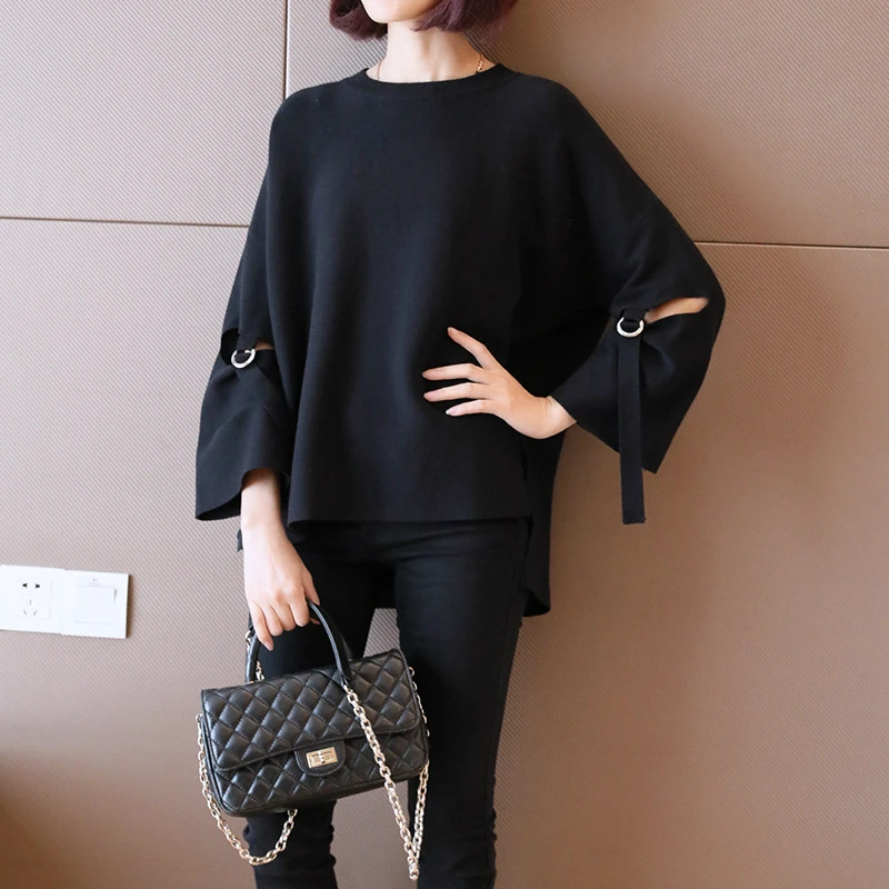 

Korean Style Sheer Long Sleeve Hollow Out Loose Thin Black Green Purple Knitted Pullover Sweater for Women Autumn Winter 2020