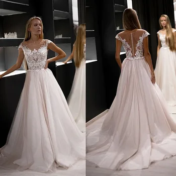 

Illusion A-Line Lace Appliques Wedding Dresses With Buttons Back Long Bridal Gowns Spring Custom Made Bride Dress Garden Fashion