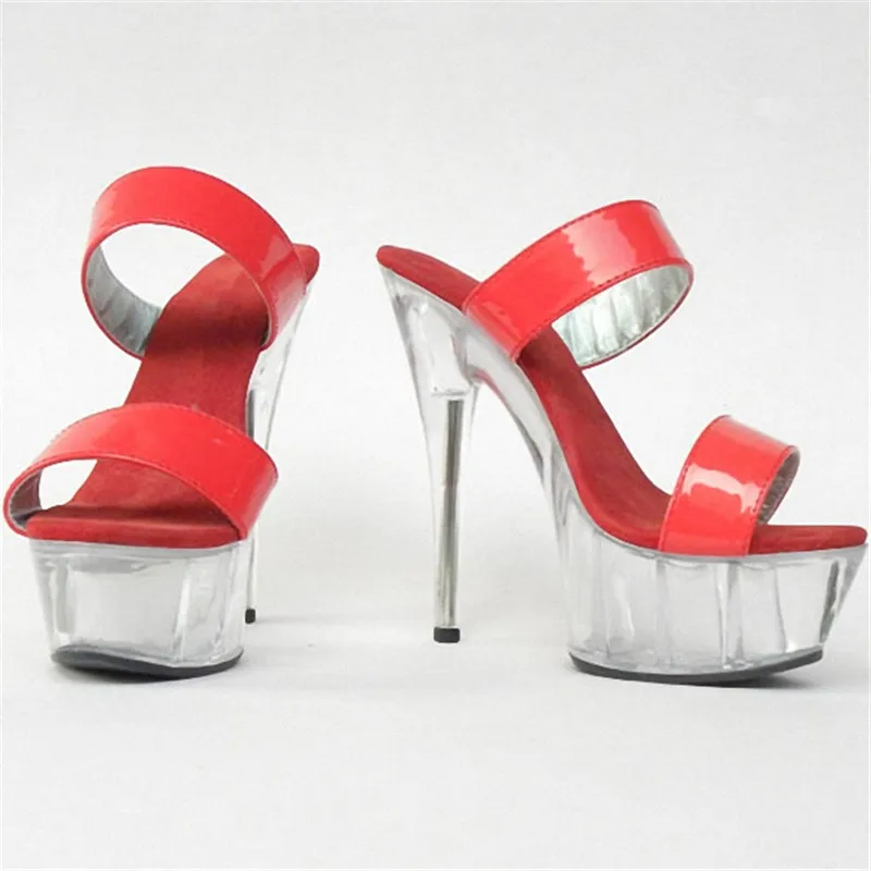6 Inch Red PU Leather Sexy Slippers Classic Crystal Shoes Lady Fashion Summer Stripper 15cm High-Heeled Sandals