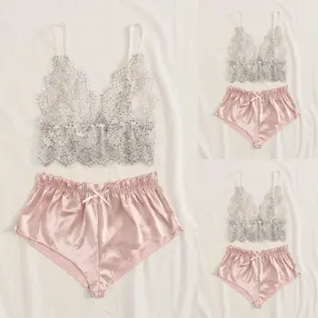 

2Pcs Summer Women Sexy Sleepwear Pajamas Sets Silk Pijamas Deep V Sling Lingerie Lace Cami Top Bra+Shorts Mujer Suit