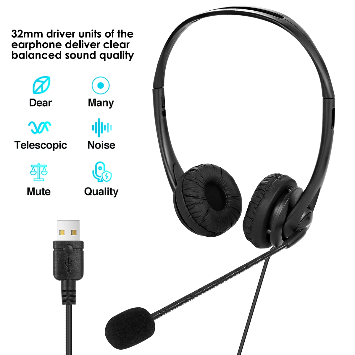 USB 2m Wired Headset Earphone with Noise Concealing Microphone for Laptop Desktop Corded Telephone On Ear Headphone