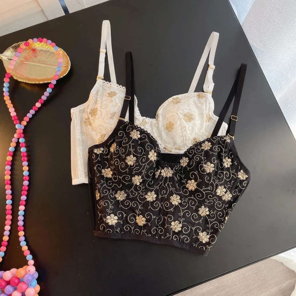 Elegant French Women Flower Embroidery Push Up Bralet Adjustable Spaghetti Strap Mesh Bustier Top Sexy Romantic Body Shaping Bra | Женская