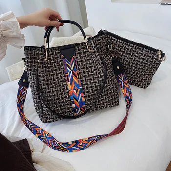 

New 2 Set Tote Canvas Knitting Shoulder Bag Fashion Women 2020 Handbags Pu Leather Ladies Shoulder Bags Cross Body Bags