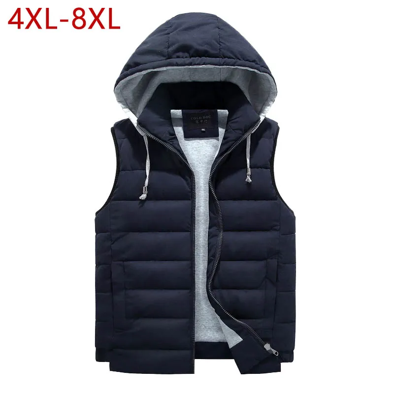 5XL-8XL размера плюс хороший жилет мужской зимний теплый Модный повседневный рабочий жилет с капюшоном на молнии однотонный жилет без рукавов мужской