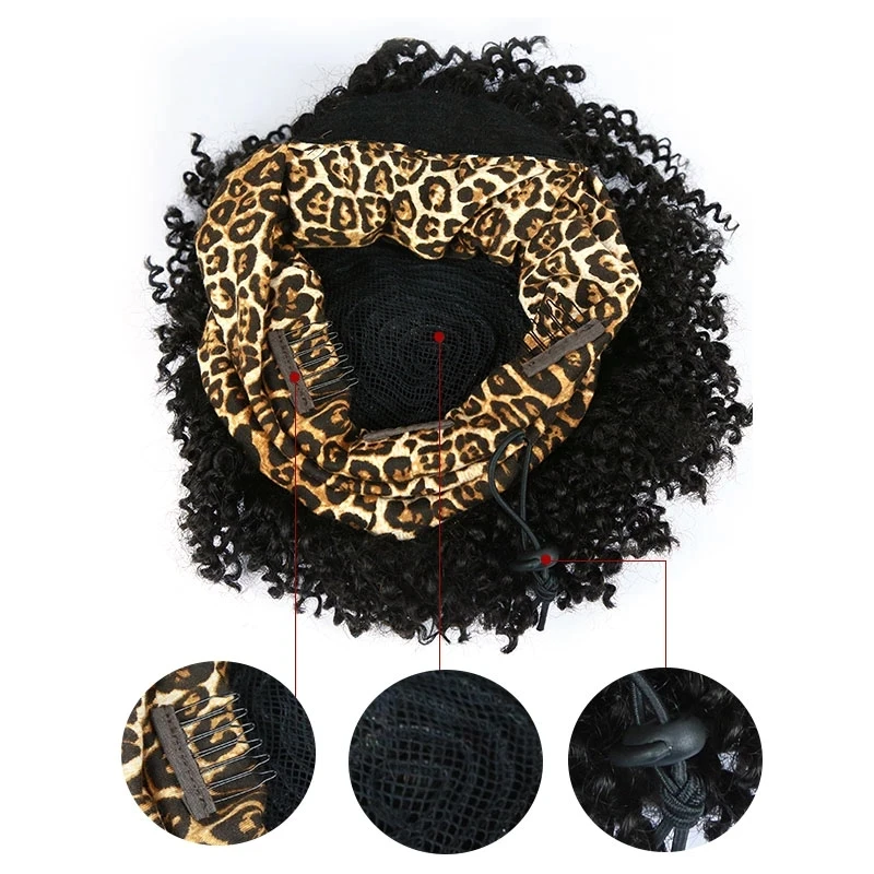 Synthetic Curly Headband Wigs Short Black Kinky Curly Wig with Bangs Afro Puff Wigs for Women Head Wrap Wig images - 6