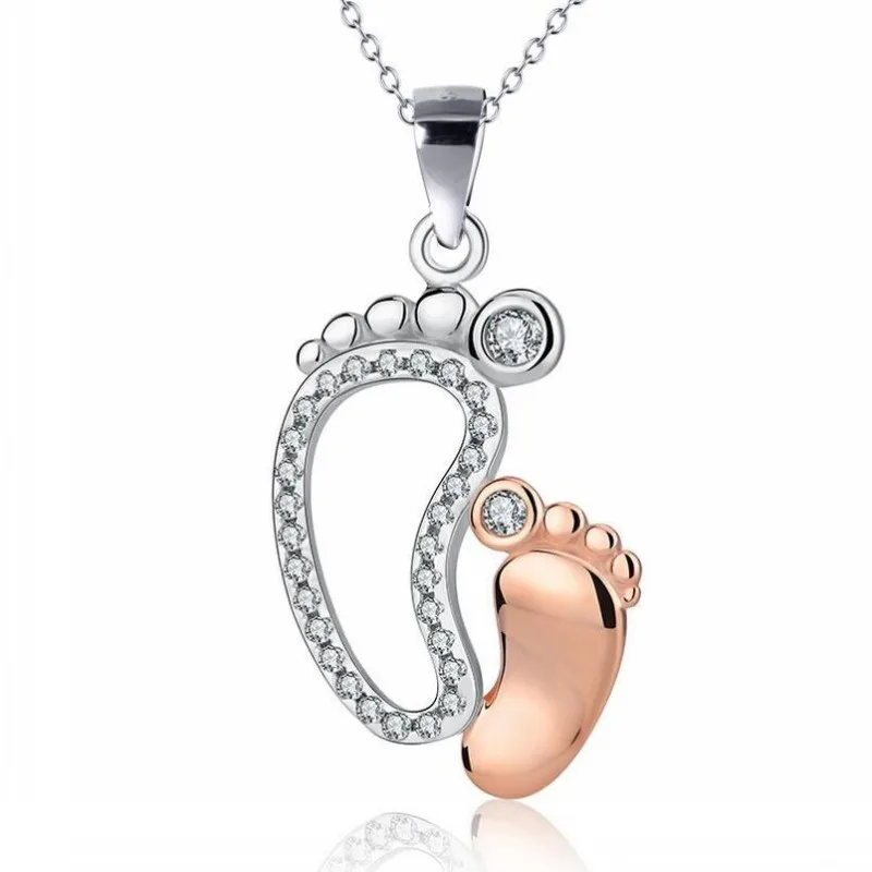 

Lovely Foot Pendant Necklace Mom Child Foot Jewelry Crystal Zircon Silver Color Chain Necklace Baby Mother's Day Gift