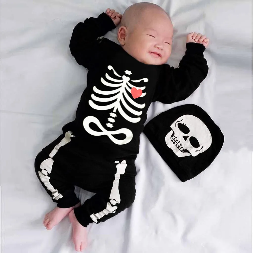 Halloween Bone Print Romper Jumpsuit+Hat Set Outfits Newborn Baby Boys Girls Toddler Halloween costume Lively Kombinezon Dziecko