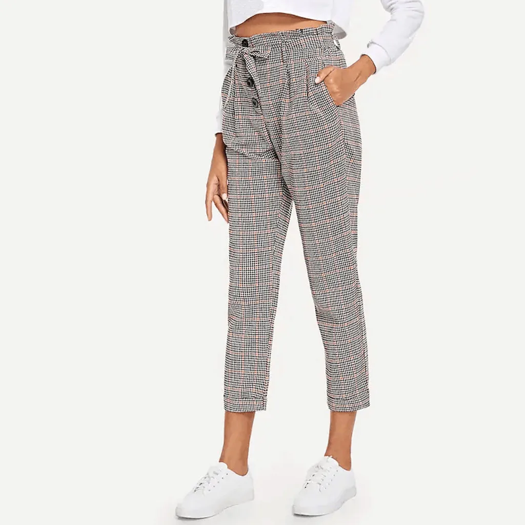 Женские брюки до середины икры с высокой талией, клетчатые манжеты на пуговицах, модные повседневные свободные брюки, осенние брюки Mujer Cintura Alta OY41