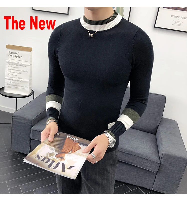 The New Осенний мужской свитер pull homme Модный повседневный теплый однотонный облегающий мужской вязаный пуловер с круглым вырезом белого и черного цвета - Цвет: The New