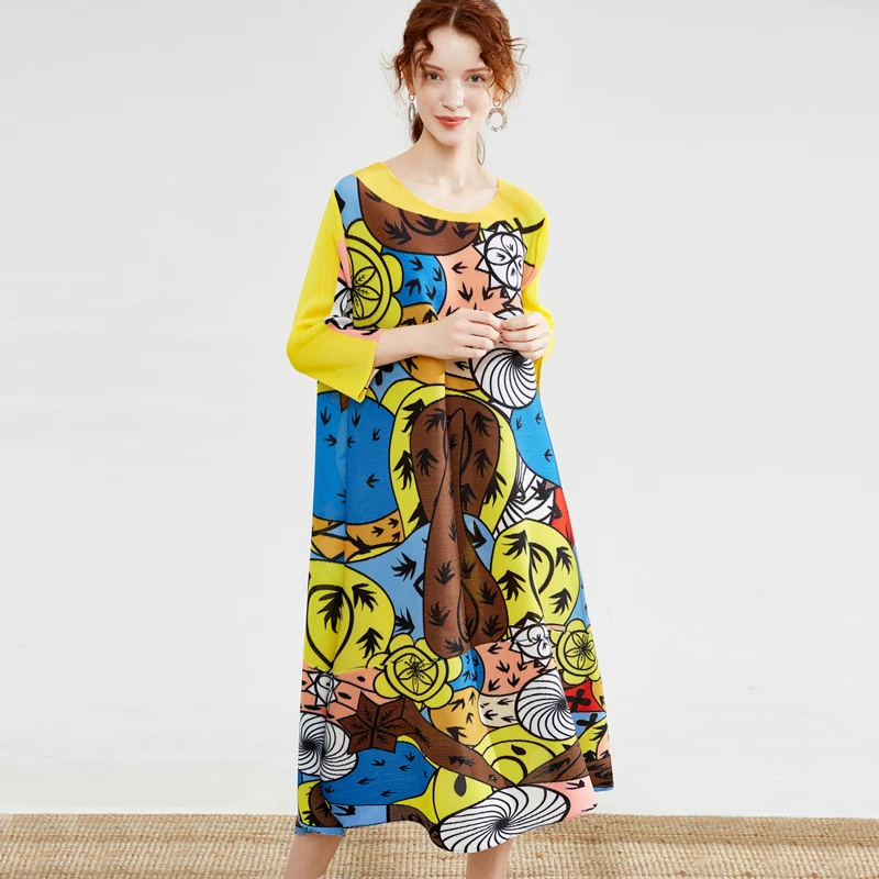 Новинка года; Miyake fold; сезон осень; Новинка; модные высококачественные эластичные свободные вечерние платья с принтом и рукавами; большие размеры; платье для девочек; TP5144