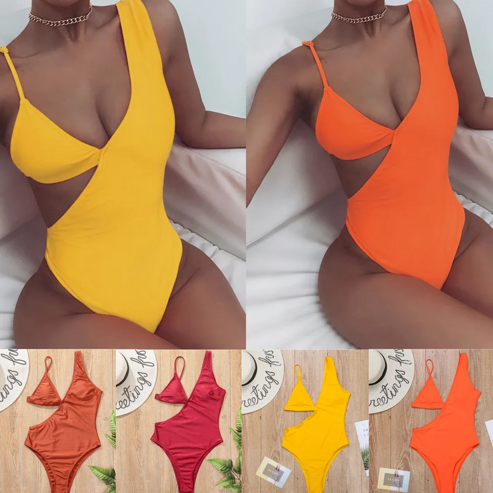 2021 New Conjoined Solid Color Triangle Cup Sexy Swimsuit Bikini AliExpress Explosion Female |