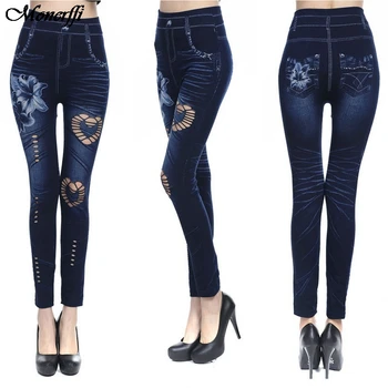 

2020 Women Sexy Leggings Fashion Casual Floral Print Hollow Out Faux Denim Leggin Skinny Pencil Pant Plus Size 3XL Bottom