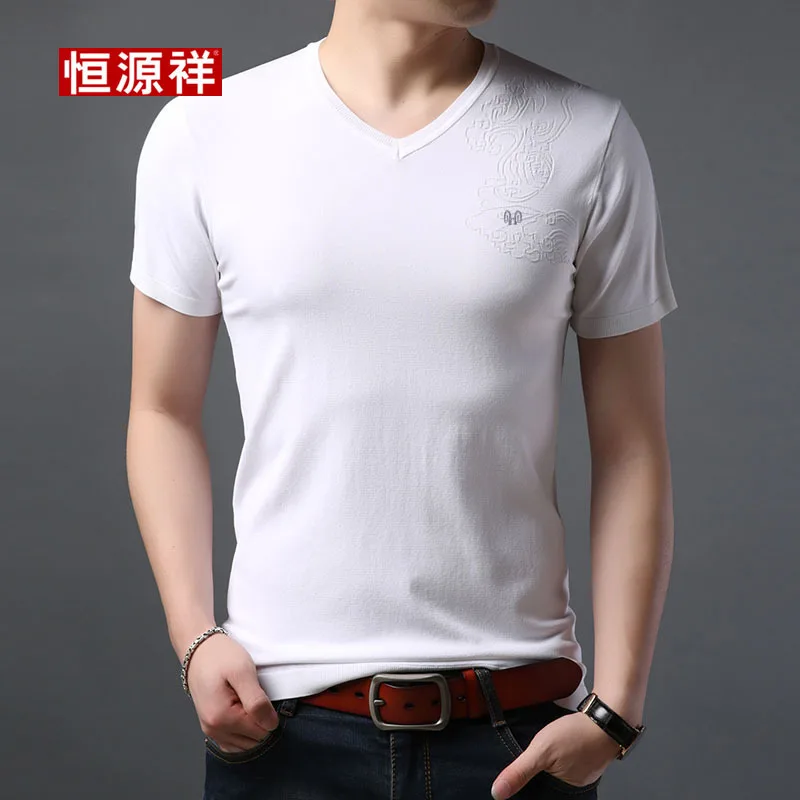 

HYX Genuine Product Summer New Style Short Sleeve V-neck Knitted T-shirt Korean-style Casual T-shirt Base MEN'S Wear Thin