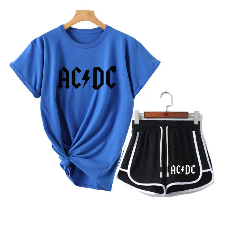 Лето,, женские футболки AC/DC+ шорты, комплект из двух предметов, повседневный спортивный костюм, новинка, мужская повседневная футболка, комплект с брюками для фитнеса - Цвет: blue 2