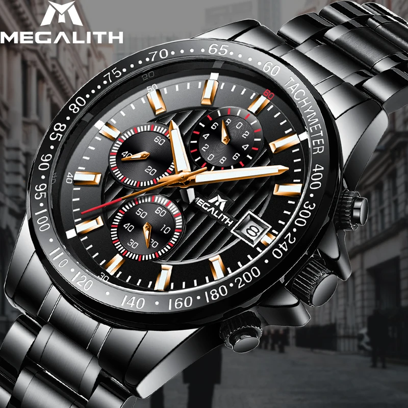 

MEGALITH Chronograph Men Watch Gym Gold Military Stainless Sport Quartz Watch For Men Waterproof Male SportWristwatch Clock