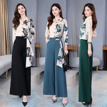 Korean Style Women Outfit 2 Two Pieces Set Long Wide Leg Pants High Waist Fashion Elegant Blouse Tops Office Lady Clothing Korean Style Women Outfit 2 Two Pieces Set Long Wide Leg Pants High Waist Fashion Elegant Blouse Tops Office Lady Clothing
