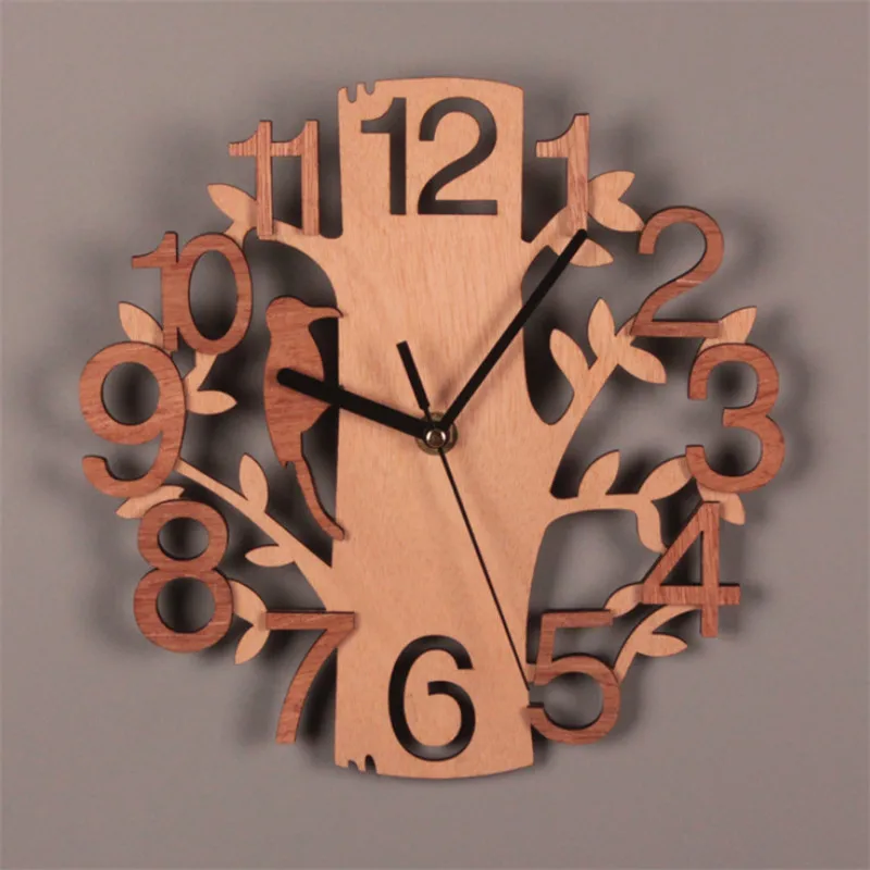

Creative Double Layer 3D Hollow Bird Tree Round Wooden Out Wall Clock Living Room Decor Home Office Ornament Gift Wall Watch